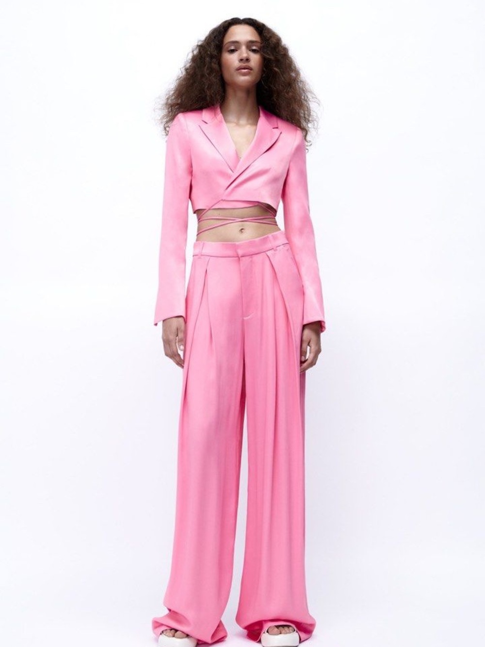 ZARA Pink Wide-Leg High-Waist Trousers and Cropped Blazer